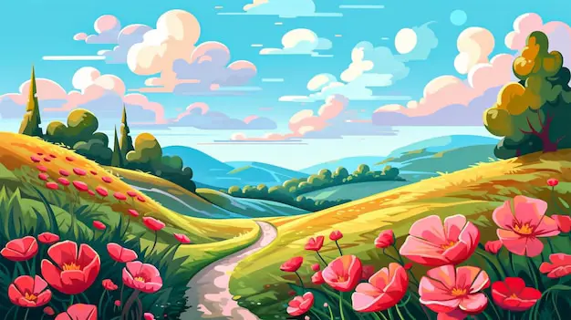 Pemandangan Musim Panas yang Menawan Gambar pemandangan musim panas yang indah, cocok untuk poster anime musim panas