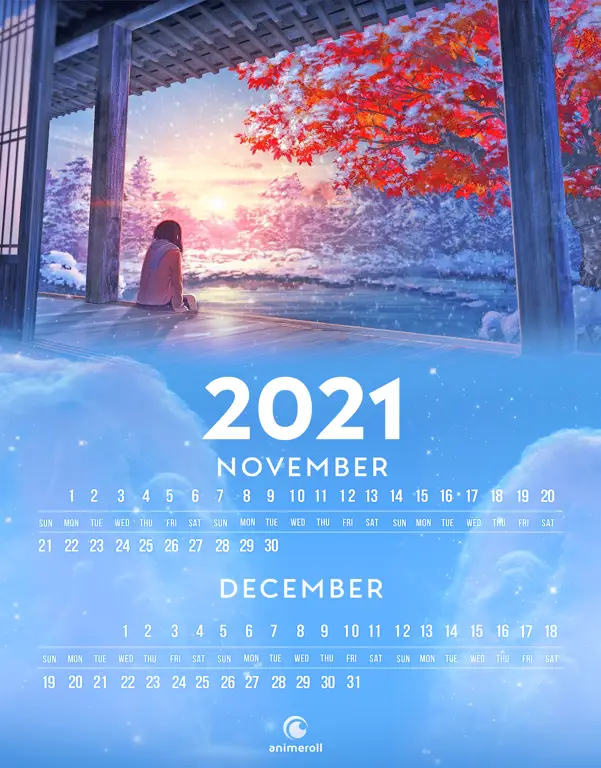 Jadwal Rilis Anime Musim Depan Gambar kalender dengan ilustrasi anime di setiap bulannya, menampilkan jadwal rilis anime