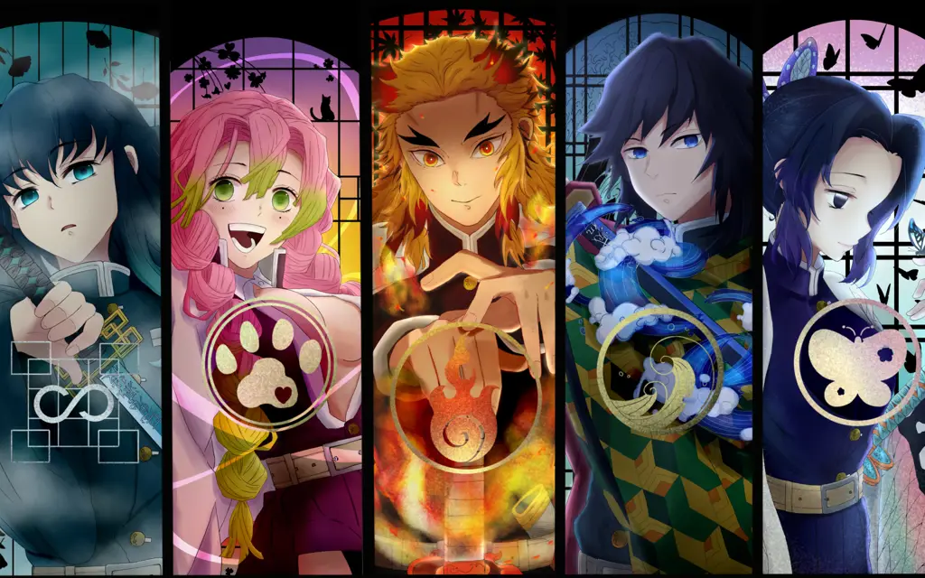 Gambar yang menampilkan Tanjiro, Nezuko, Zenitsu, dan Inosuke Karakter-karakter utama dalam anime Kimetsu no Yaiba
