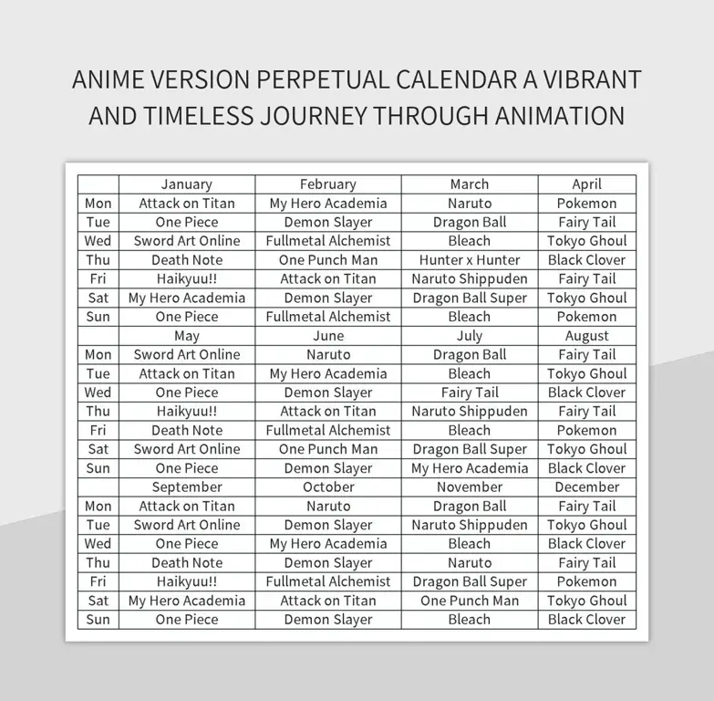 Jadwal Tayang Anime Kalender dengan ilustrasi anime