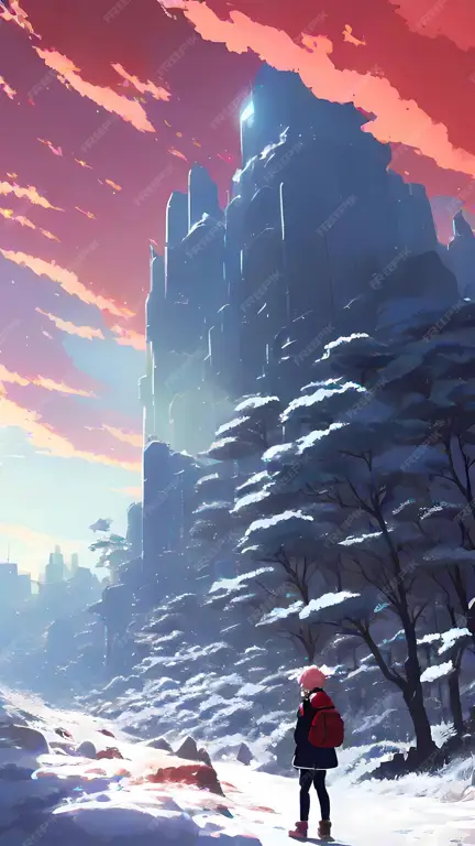 Suasana Musim Dingin yang Menginspirasi Gambar pemandangan musim dingin yang indah, cocok untuk poster anime