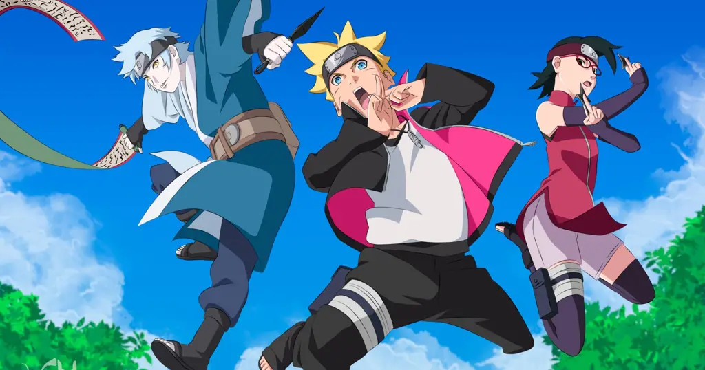 Pertarungan Seru di Boruto Gambar Boruto dan teman-temannya sedang bertarung melawan musuh