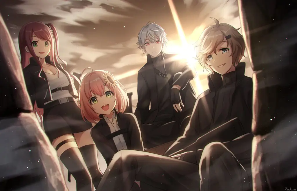 Menonton Anime Bersama Teman Sekelompok teman menonton anime bersama-sama dengan ekspresi gembira