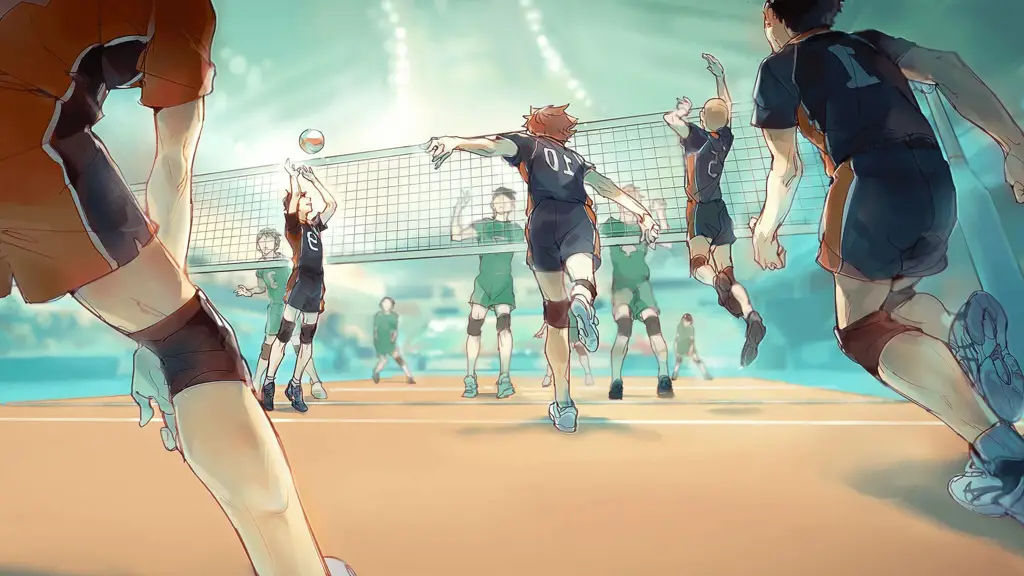 Gambar yang menampilkan pertandingan voli yang menegangkan antara tim Karasuno dan lawan-lawannya Pertandingan voli Haikyuu!! yang seru dan menegangkan