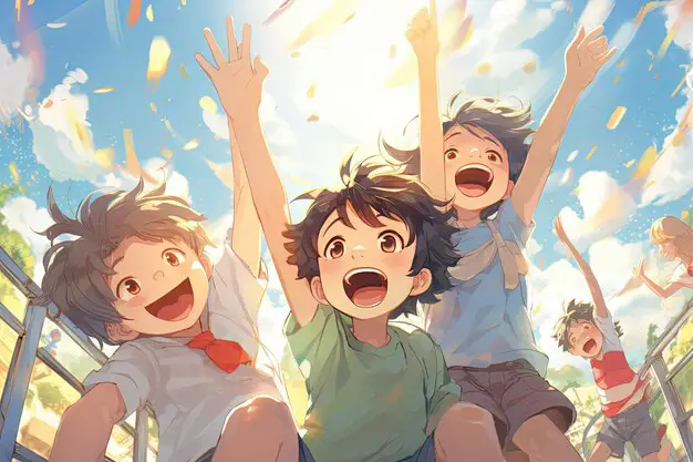 Para penggemar anime yang antusias menunggu anime terbaru Penggemar anime yang bersemangat menonton anime di layar