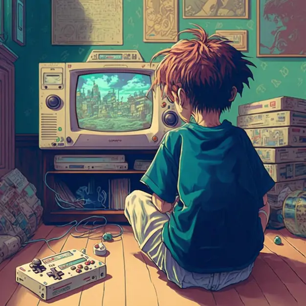 Menikmati Anime di Rumah Gambar seseorang yang sedang menonton anime di rumah