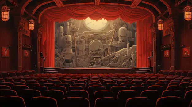 Suasana Menonton Anime di Bioskop Interior bioskop yang menampilkan film anime di layar