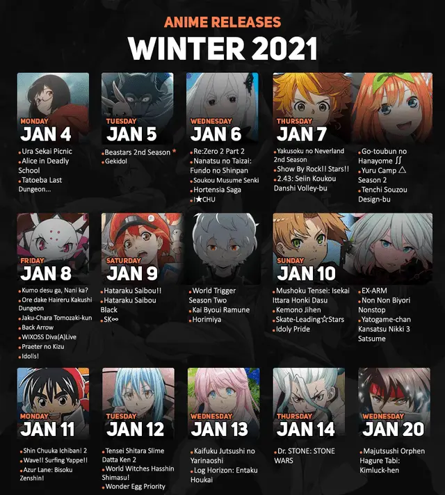 Kalender Anime untuk Mengikuti Jadwal Tayang Gambar kalender anime dengan berbagai judul dan tanggal rilis anime