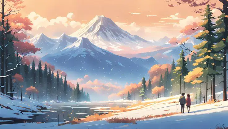 Gambar pemandangan musim dingin dengan suasana anime