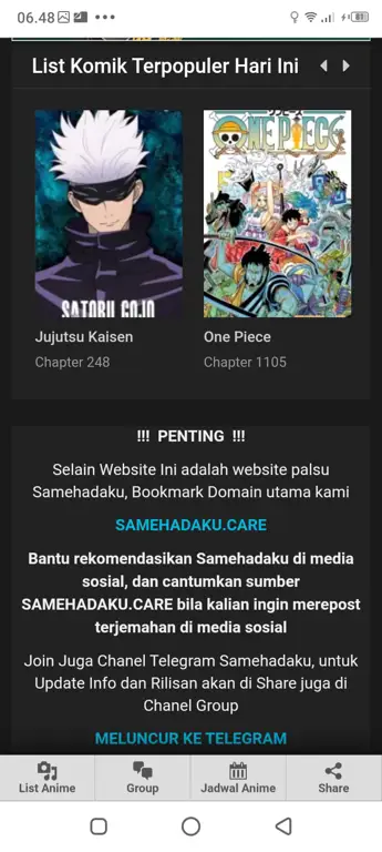 Contoh tampilan situs Samehadaku Screenshot tampilan situs web Samehadaku