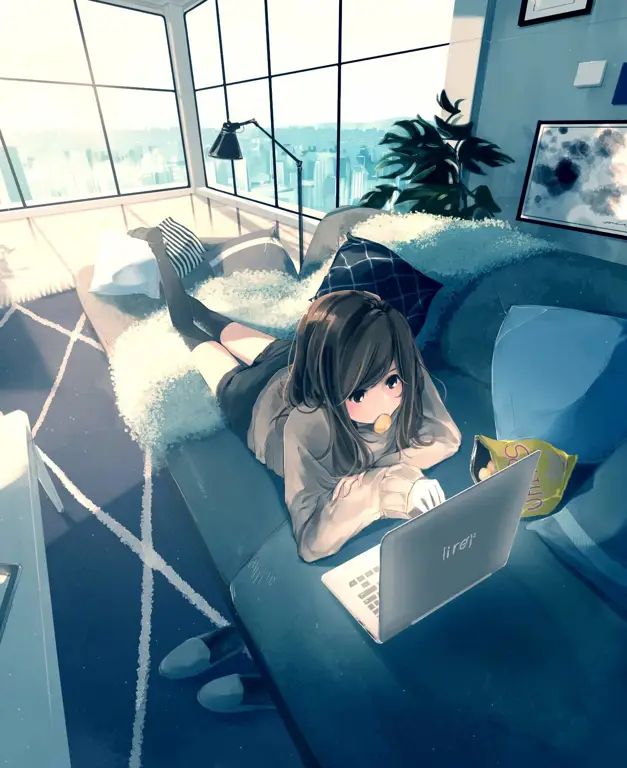 Nikmati pengalaman menonton anime yang menyenangkan Gambar seseorang yang sedang menonton anime dengan nyaman